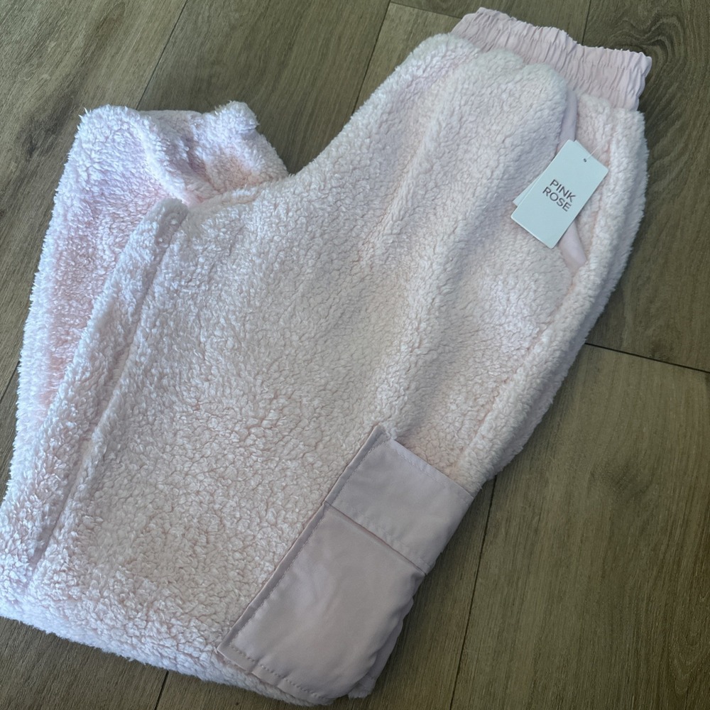 Pink Rose Sherpa Fleece Jogger‎ Pants Juniors Pink Cargo Pockets Pull On Large